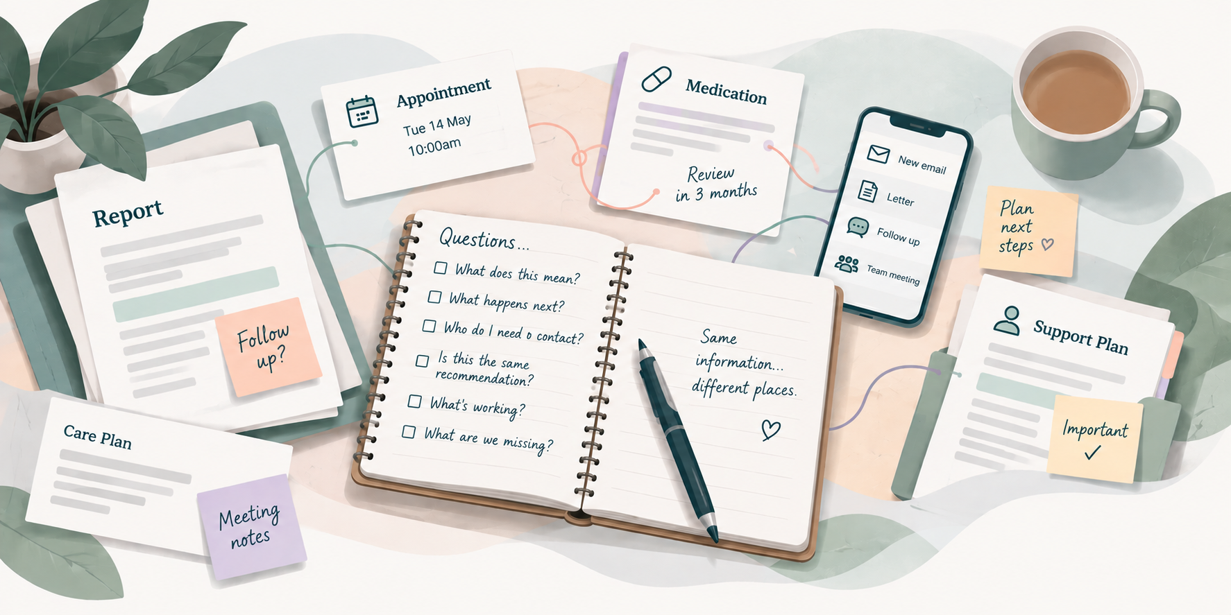 Illustration showing reports, appointments, medication, care and support plans, meeting notes and follow-ups gathered across different places.